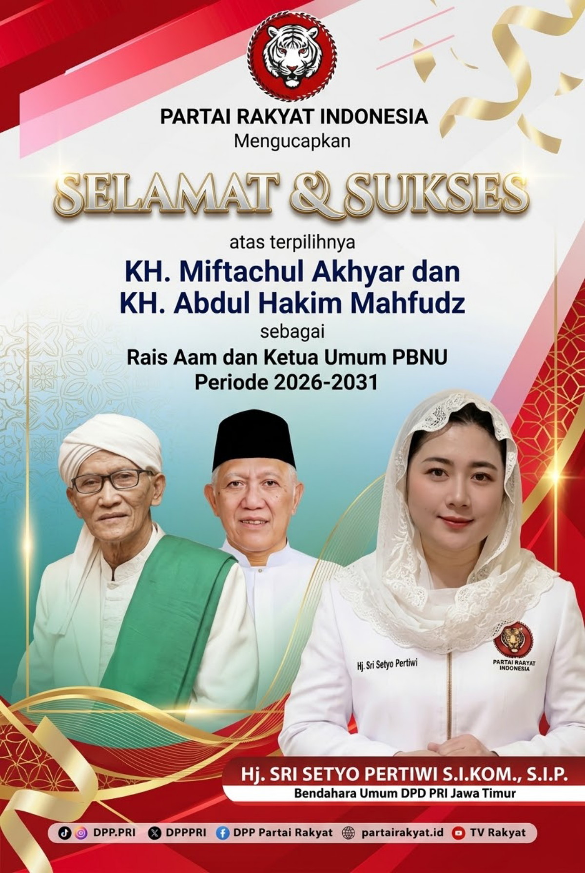 Bendum DPD PRI Jatim Ucapkan Selamat atas Terpilihnya Rais Aam dan Ketua Umum PBNU Periode 2026–2031